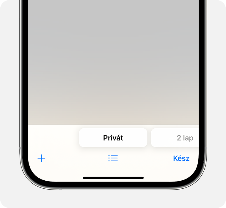 Egy iPhone, amelyen a Privát lapcsoport van kiválasztva a Safari appban.