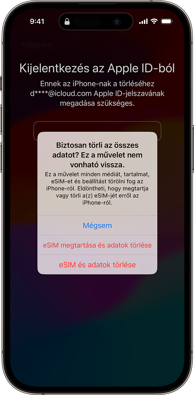 Amikor az iOS 17-ben vagy annál újabb rendszerben végighalad a jelkód alaphelyzetbe állításának lépésein, eldöntheti, hogy megtartja-e az eSIM-et vagy törli.