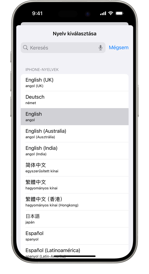 Egy iPhone, amelyen az elérhető rendszernyelvek láthatók, amelyek közül a francia nyelv van kiemelve.
