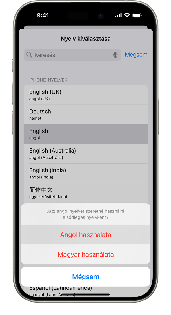 Egy iPhone, amelyen a következő üzenet látható: „Szeretné a francia nyelvet használni elsődleges nyelvként?” A következő lehetőségek állnak rendelkezésre: Módosítás: francia, Módosítás: angol (USA) és a Nyelv megtartása.