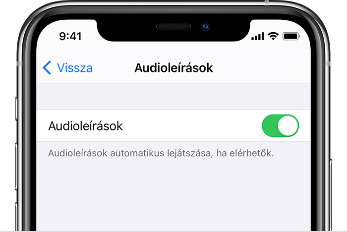 Az Audioleírások gomb az iPhone Beállítások alkalmazásában