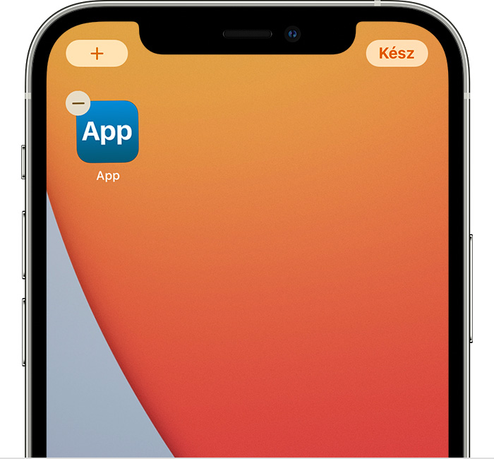 Egy iPhone képernyője, amelyen az alkalmazás bal felső sarkában látható az Eltávolítás ikon. A képernyő bal felső sarkában a Hozzáadás gomb, jobb felső sarkában pedig a Kész gomb látható.