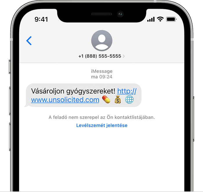 Egy iPhone-on egy iMessage-üzenet levélszemétként való jelentésére szolgáló opció látható