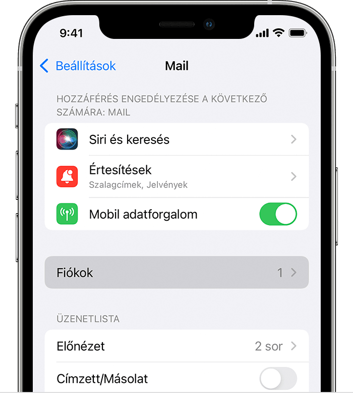 iPhone-on lépjen a Beállítások > Mail menüpontba az e-mail-fiók automatikus beállításához.