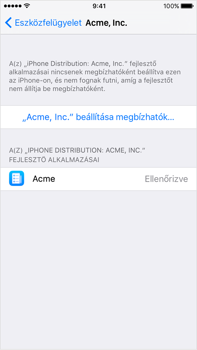  Egy iPhone képernyőjén arra vonatkozó felszólítás látható, hogy a felhasználó állítson be egy vállalati alkalmazást megbízhatóként