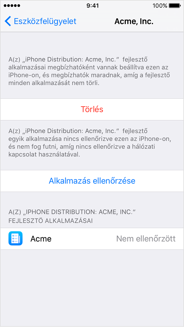  Egy iPhone képernyőjén arra vonatkozó felszólítás látható, hogy a felhasználó ellenőrizze, hogy egy vállalati alkalmazás valóban megbízható-e