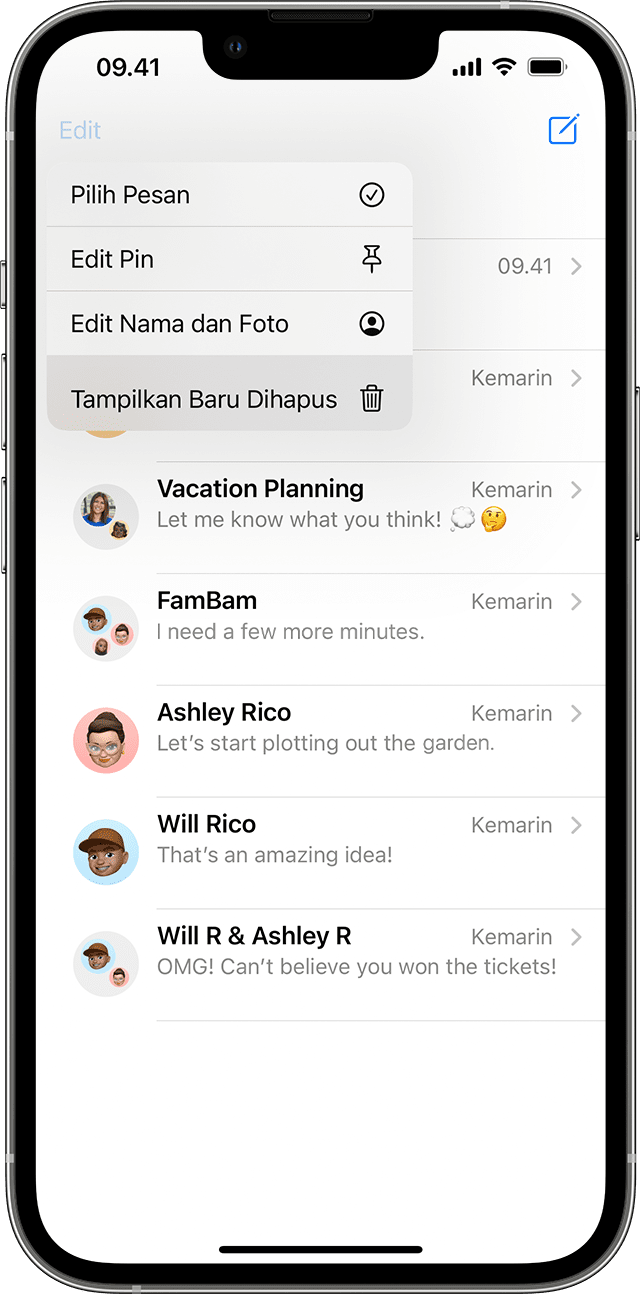 Di halaman percakapan pada app Pesan, ketuk Edit, lalu akan muncul pilihan untuk menampilkan pesan yang terakhir dihapus.