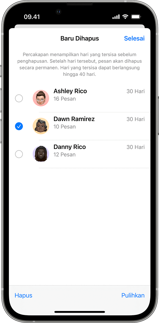 Di halaman Baru Dihapus pada app Pesan, ketuk percakapan yang berisi pesan yang ingin dipulihkan.