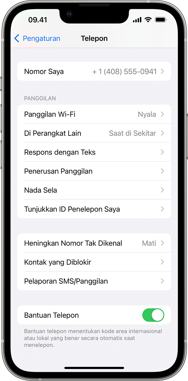 iPhone menampilkan layar Telepon, dengan Panggilan Wi-Fi dinyalakan.