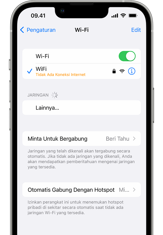 iPhone menampilkan layar Wi-Fi. Ada pesan peringatan di bawah nama jaringan Wi-Fi.