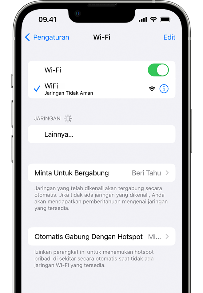 iPhone menampilkan layar Wi-Fi. Terdapat tanda centang berwarna biru di samping nama jaringan Wi-Fi.