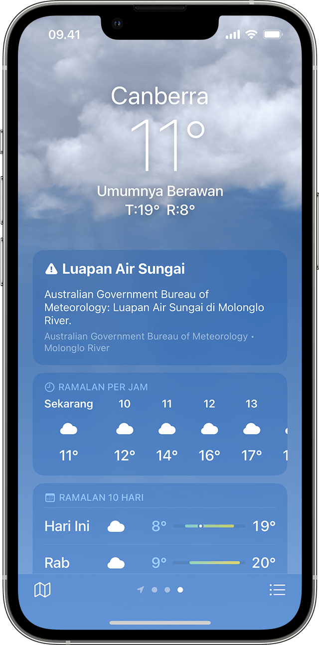 iPhone menampilkan informasi cuaca buruk di app Cuaca.