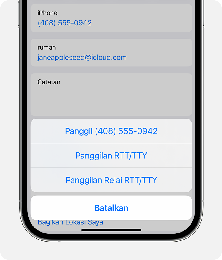 Layar iPhone yang menampilkan menu untuk memilih Panggilan RTT/TTY atau Panggilan Relai RTT/TTY