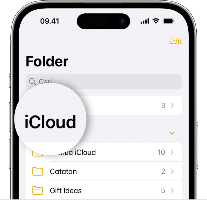 iPhone menampilkan layar Folder di app Catatan dengan penekanan pada folder iCloud