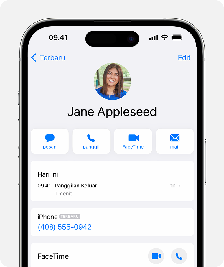 Layar iPhone yang menampilkan riwayat panggilan untuk salah satu kontak