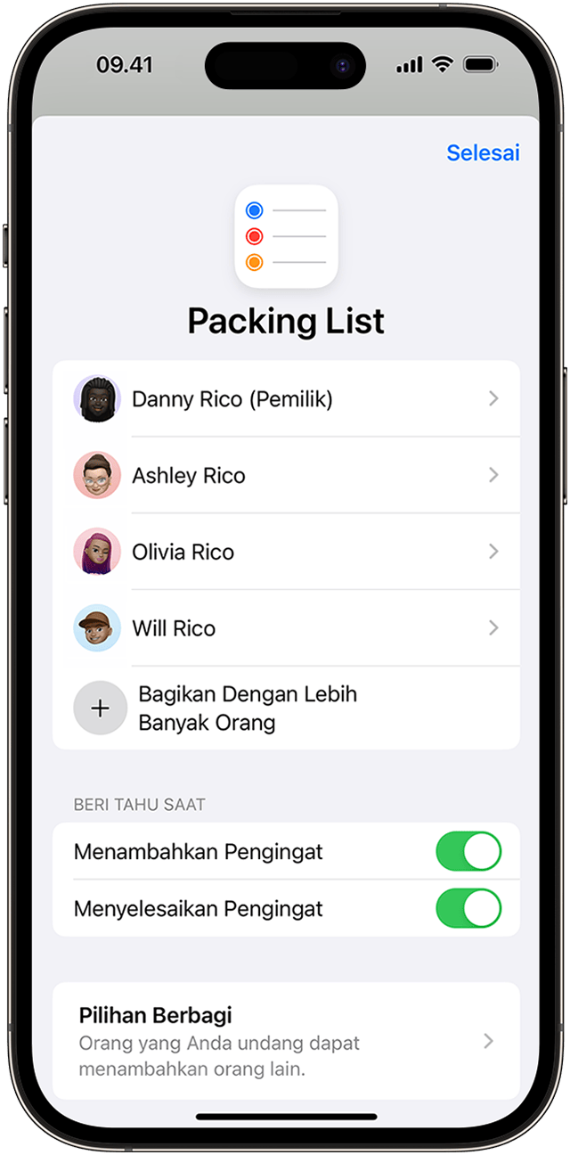 Di iPhone, Anda dapat membagikan daftar Pengingat kepada kontak, tetapi mengubah pemberitahuan otomatis melalui pilihan Kelola Daftar Bersama.