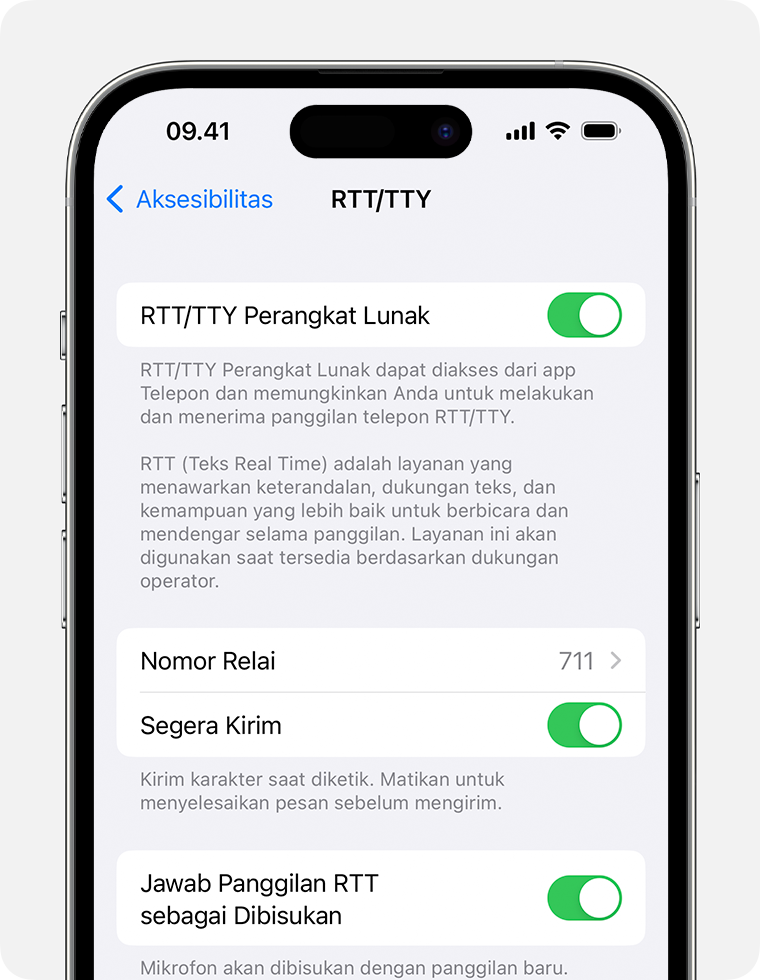 Layar iPhone dengan RTT/TTY dinyalakan