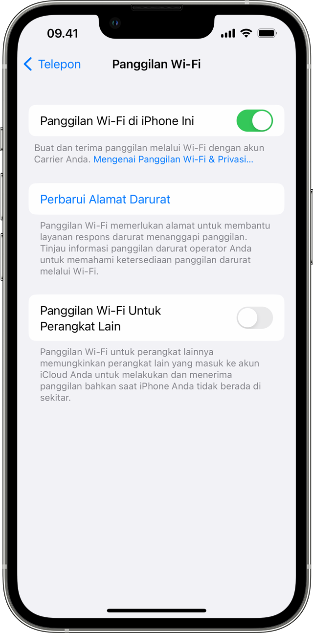 iPhone menampilkan layar Panggilan Wi-Fi, dengan Panggilan Wi-Fi di Telepon Ini dinyalakan.