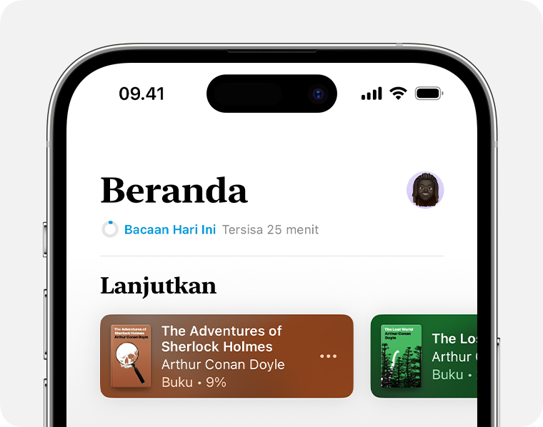 Layar iPhone menampilkan bagian Utama app Buku 
