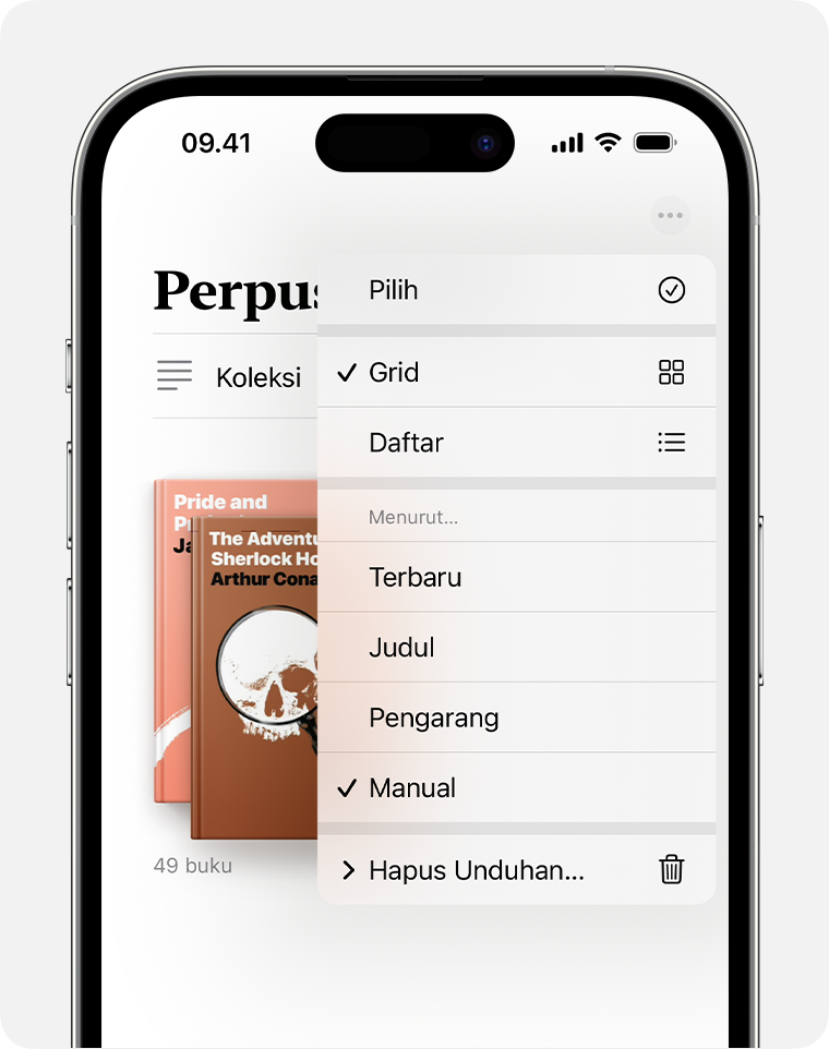 Layar iPhone menampilkan pilihan untuk menata app Buku 