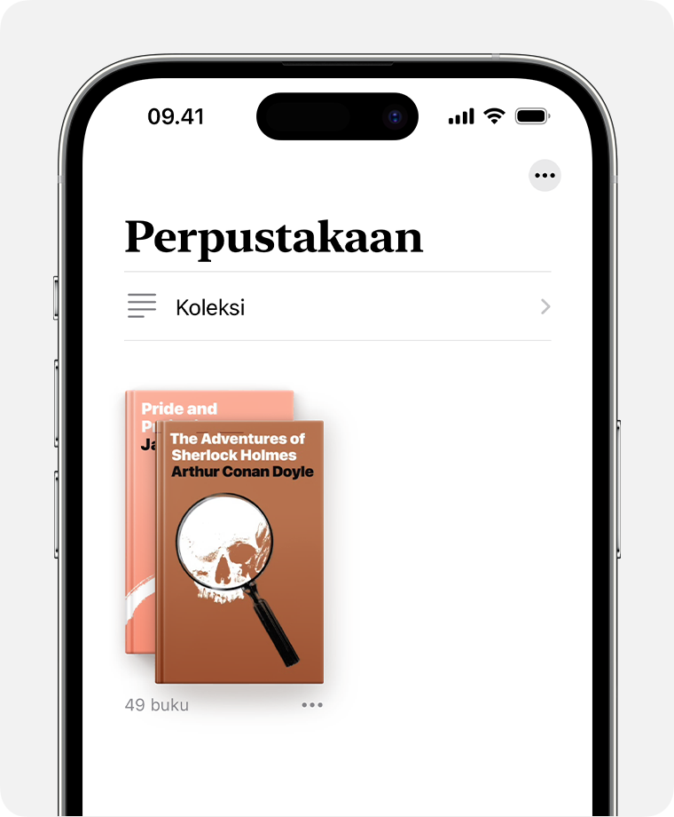 Layar iPhone menampilkan bagian Perpustakaan pada app Buku. 
