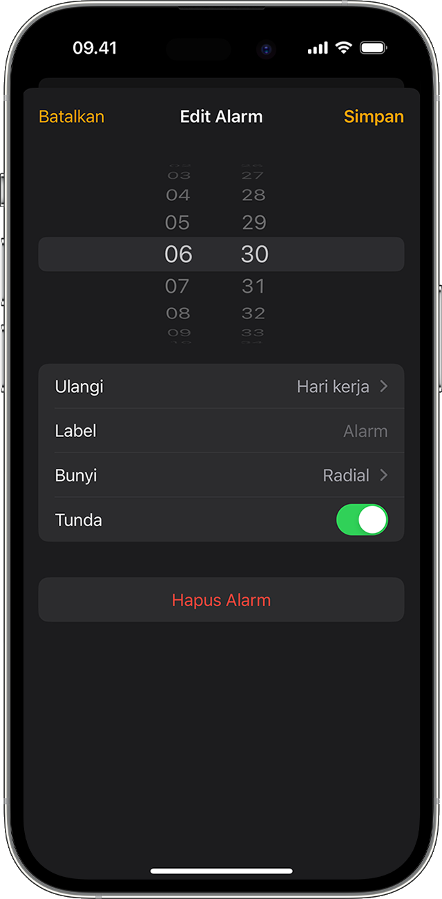 Edit alarm di iPhone pada app Jam.