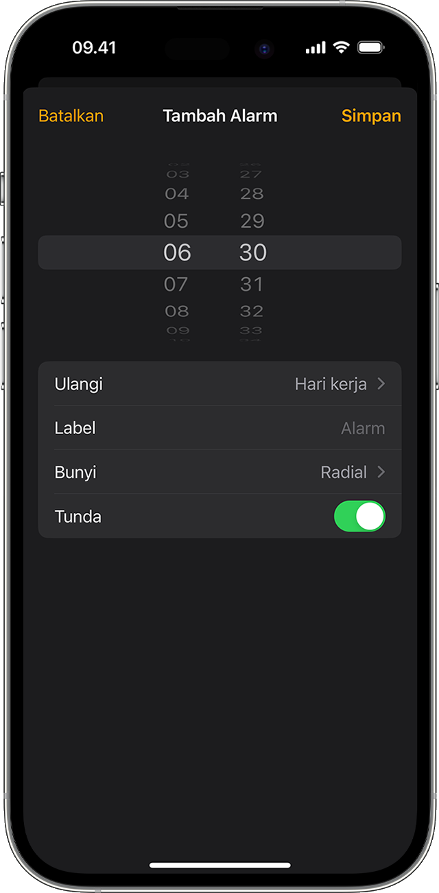 Atur alarm di iPhone pada app Jam. 