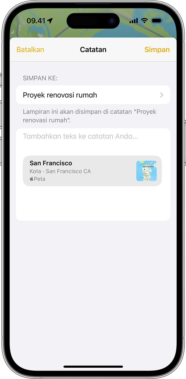 iPhone menunjukkan cara menambahkan lampiran di app Catatan.