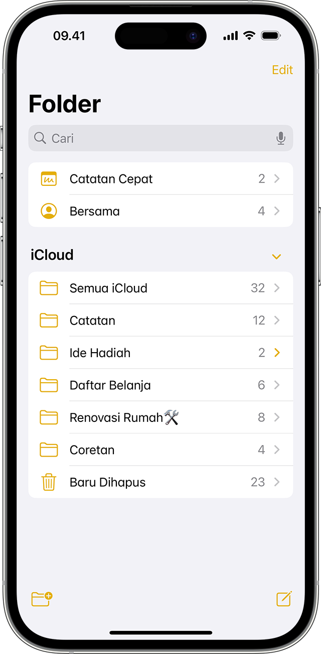 iPhone menunjukkan cara membuat folder di app Catatan.