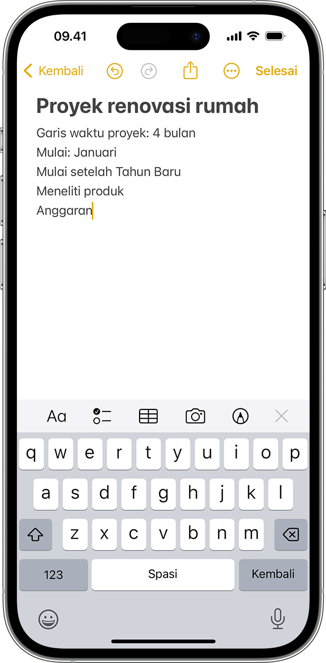 iPhone menunjukkan cara membuat catatan di app Catatan.