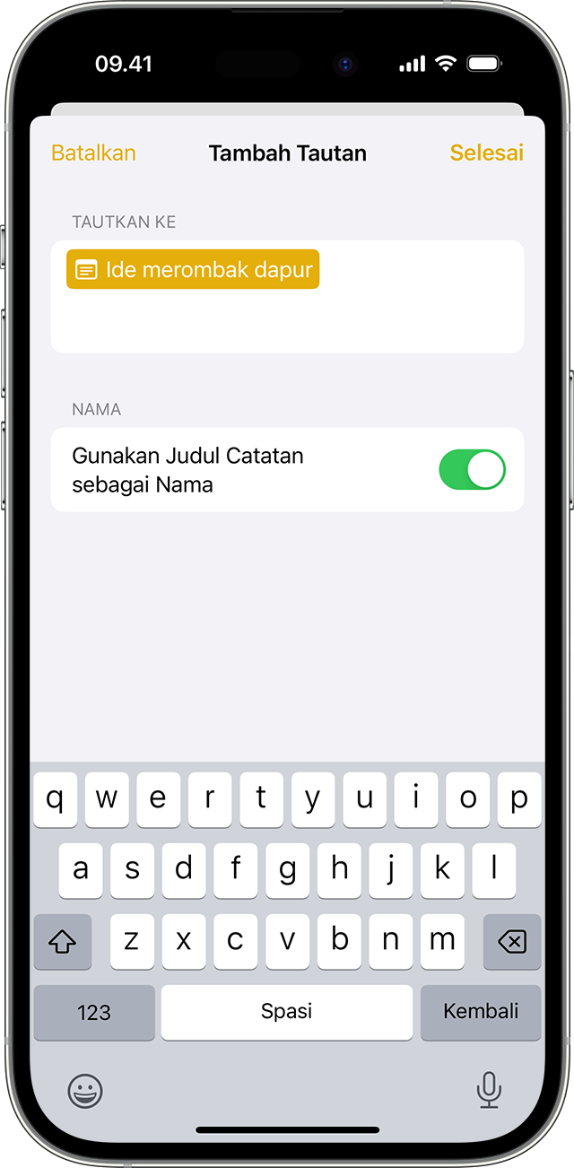 Opsi untuk menambahkan tautan di Catatan di iPhone Anda dengan iOS 17 atau versi yang lebih baru.