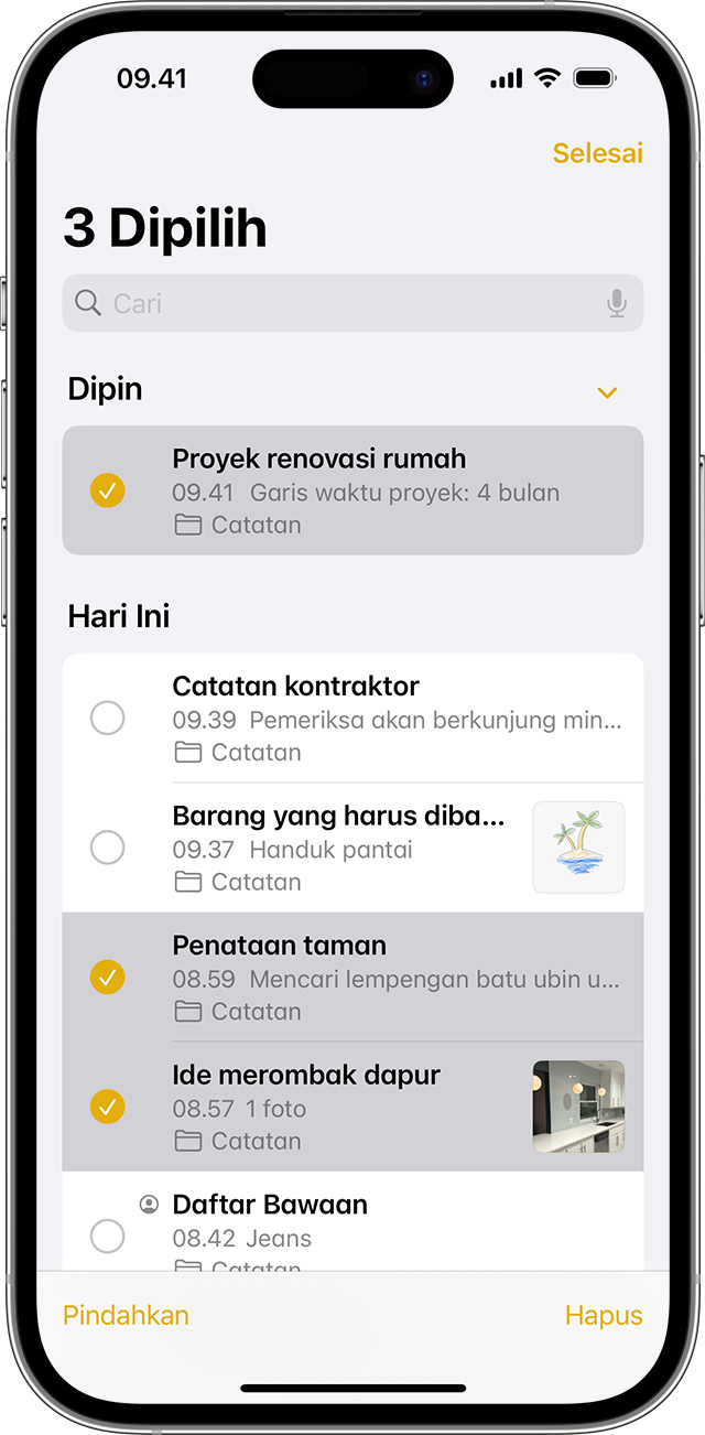iPhone menunjukkan cara memindahkan catatan ke folder lain dalam app Catatan.