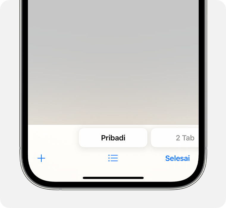 iPhone menampilkan app Safari dengan grup tab Pribadi yang dipilih.
