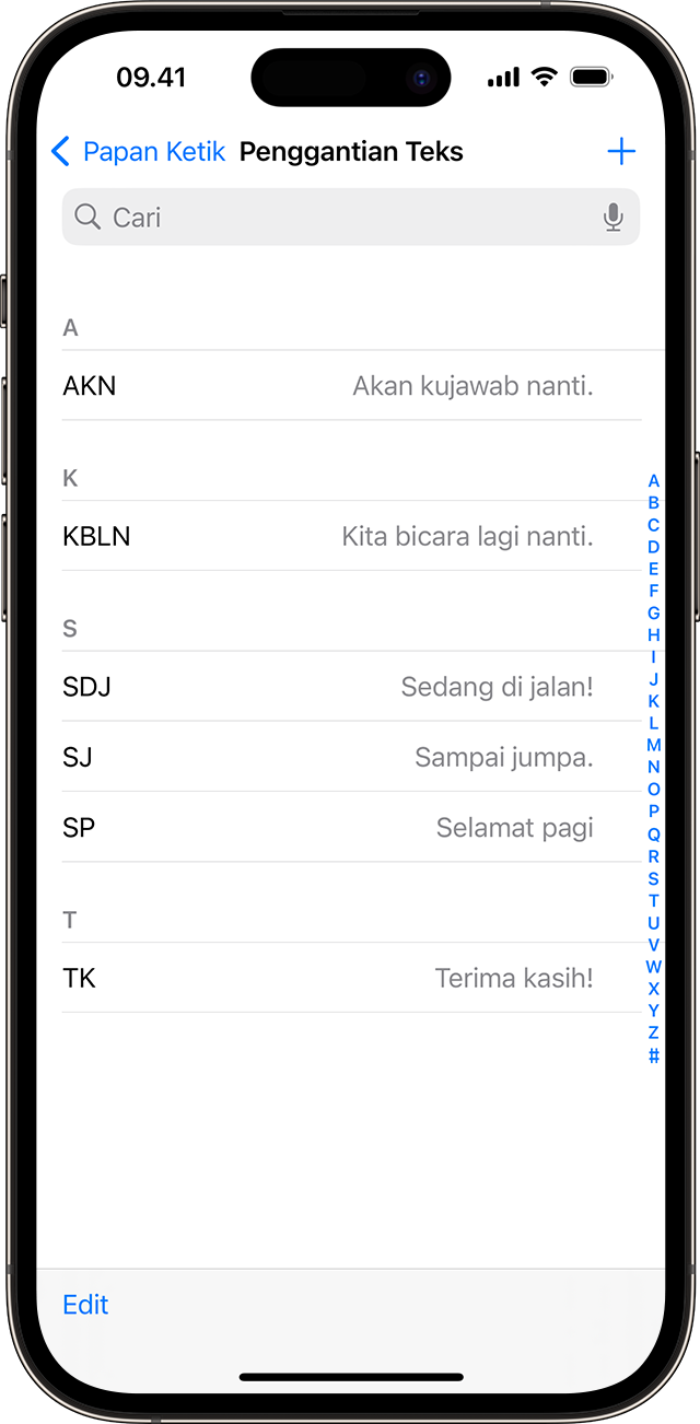 Daftar pintasan teks sedang diatur untuk digunakan pada iPhone.