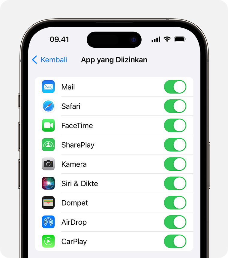 Layar iPhone yang menampilkan App yang Diizinkan 
