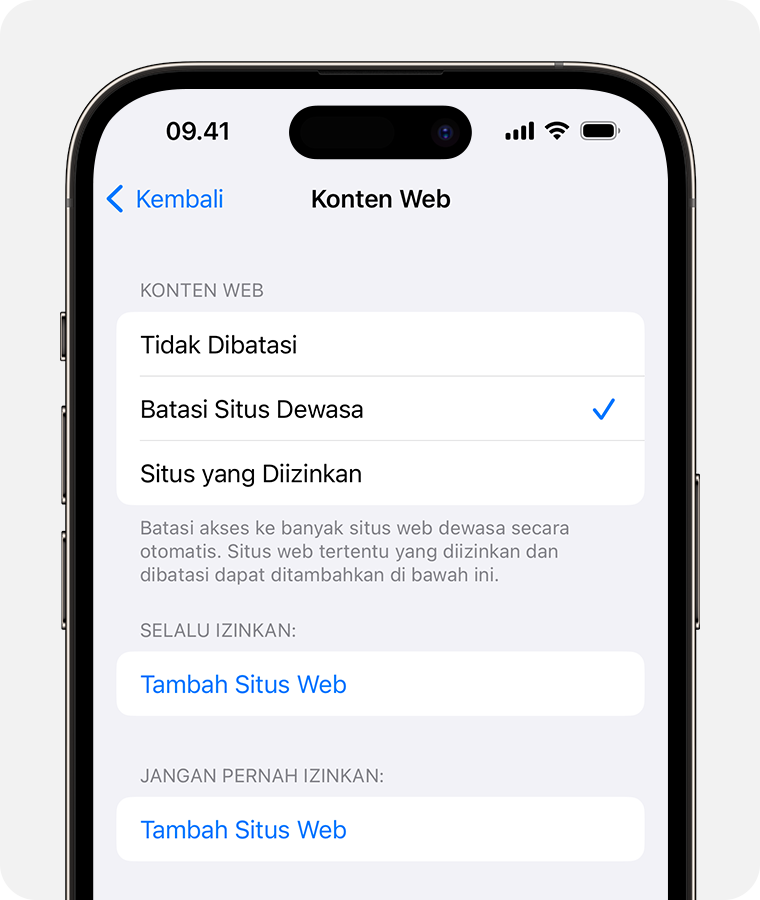 Layar iPhone yang menampilkan pilihan untuk pengawasan orang tua