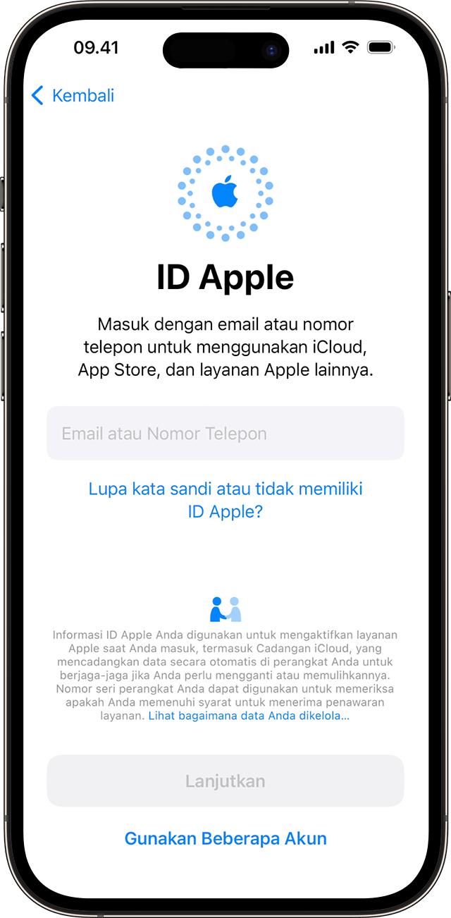 Gunakan alamat email atau nomor ponsel Anda untuk masuk dengan ID Apple selama proses pengaturan iPhone di iOS 17.