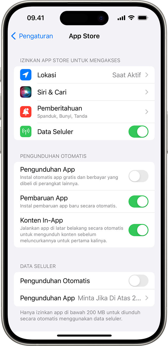 iPhone menampilkan pilihan App Store di Pengaturan, termasuk Pembaruan App.