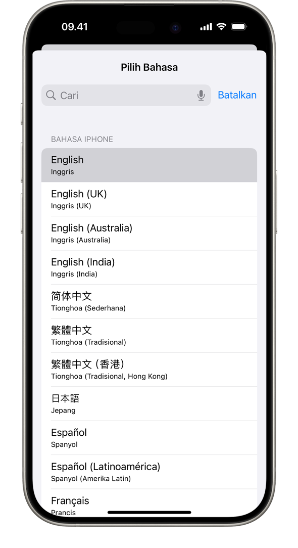 iPhone menampilkan daftar bahasa sistem yang tersedia, dengan bahasa Prancis disorot.