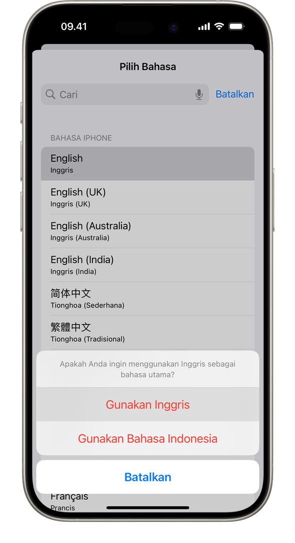 iPhone menampilkan peringatan "Apakah Anda ingin menggunakan bahasa Prancis sebagai bahasa utama Anda?" Pilihan yang ditampilkan adalah Gunakan Bahasa Prancis, Gunakan Bahasa Inggris (AS), dan Batal.