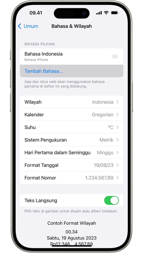 iPhone menampilkan menu Bahasa & Wilayah, dengan pilihan Tambah Bahasa disorot.