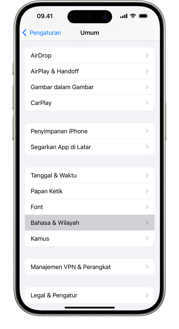 iPhone menampilkan menu pengaturan Umum, dengan pilihan Bahasa & Wilayah disorot.