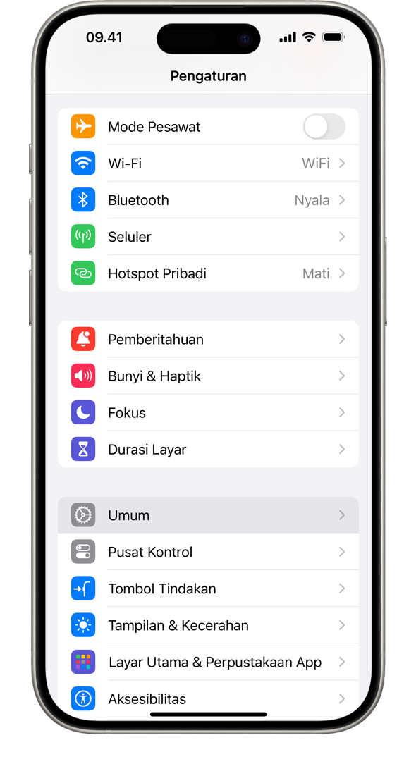 iPhone menampilkan app Pengaturan dengan pilihan Umum disorot, di bawah Durasi Layar.