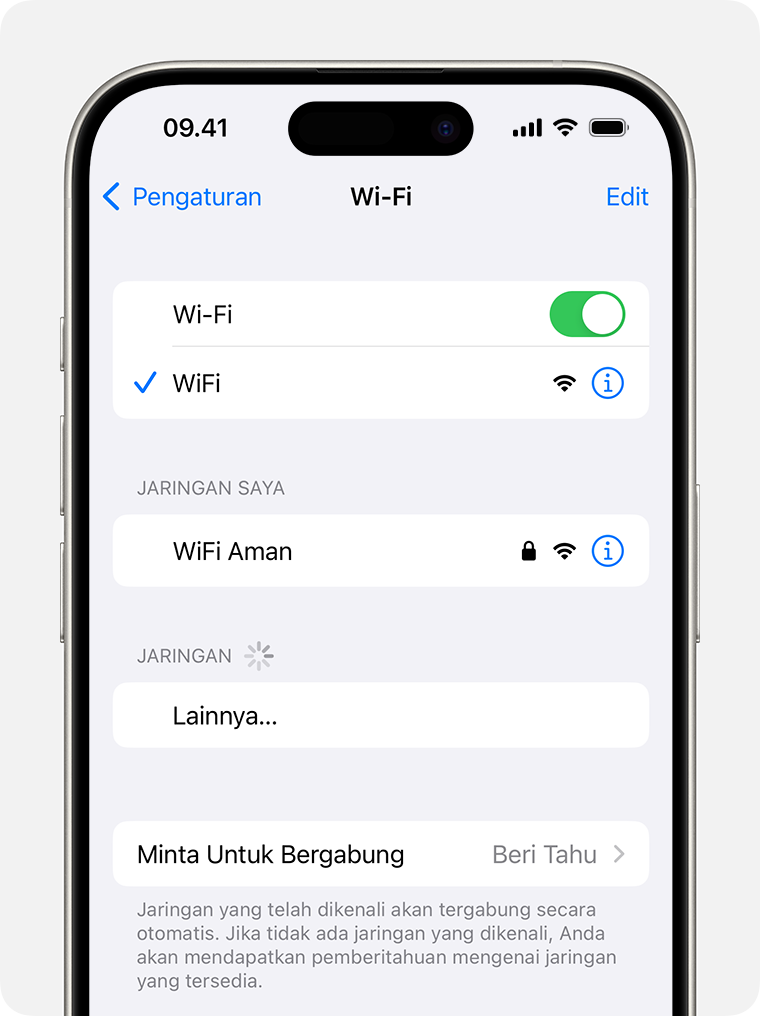 iPhone menampilkan layar Wi-Fi. Terdapat tanda centang berwarna biru di samping nama jaringan Wi-Fi.