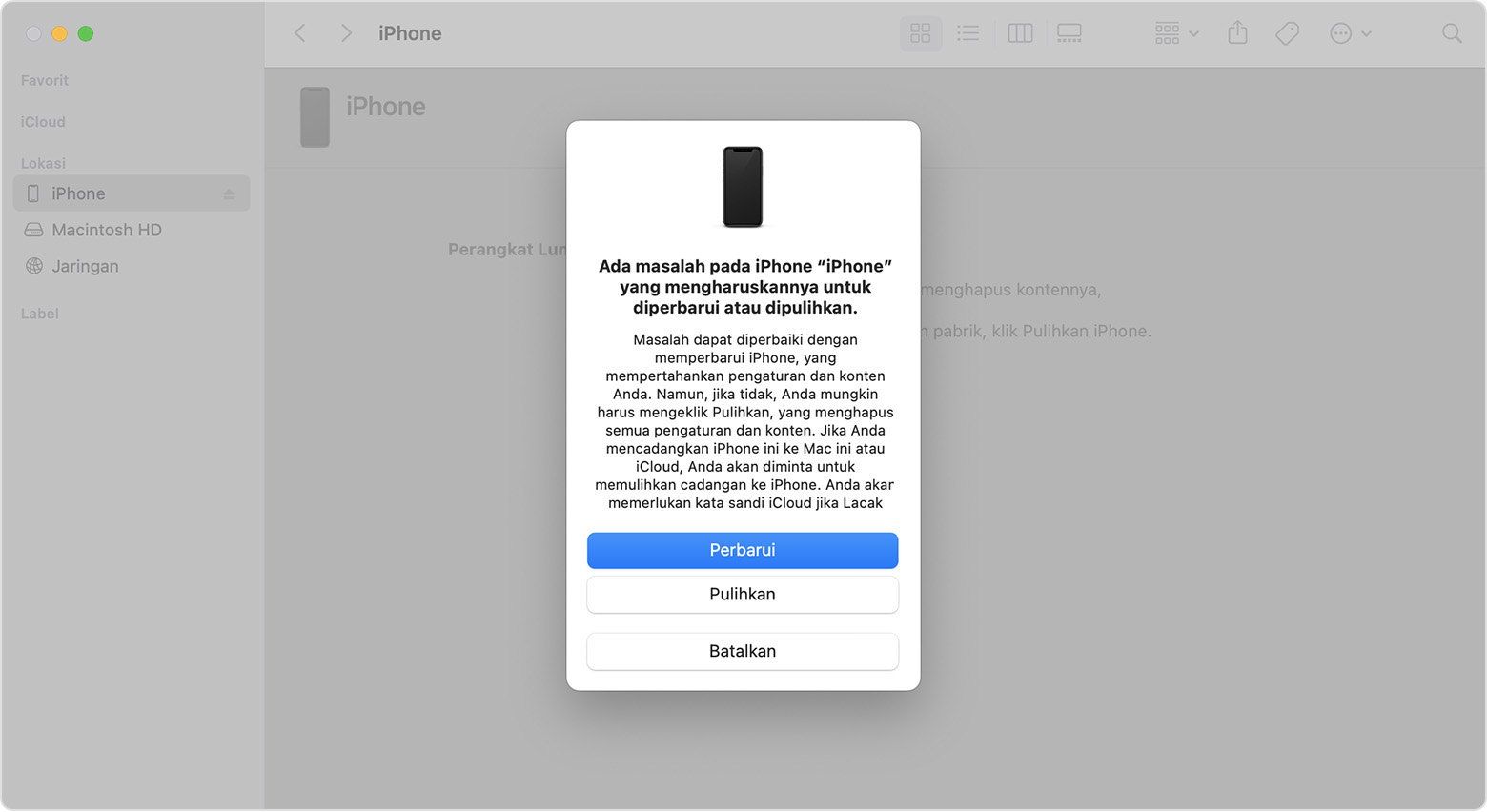 Jendela Finder di Mac menampilkan pilihan untuk memulihkan atau memperbarui iPhone