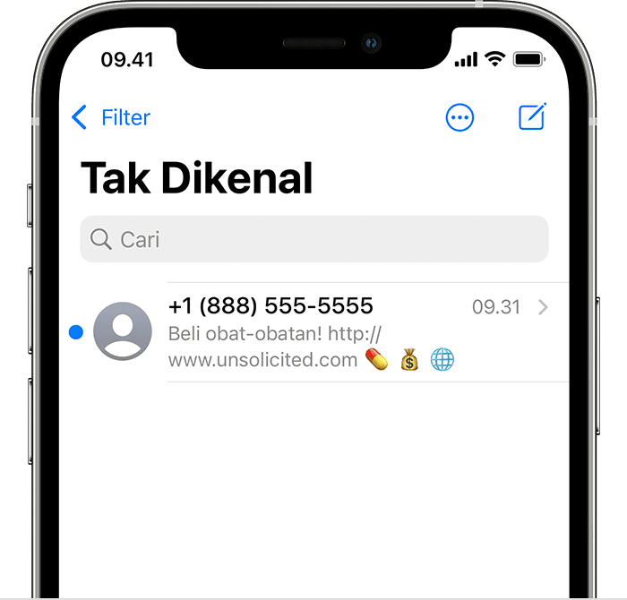 iPhone menunjukkan tempat menampilkan pesan yang difilter dari pengirim tak dikenal