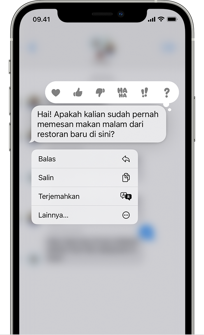 iPhone menampilkan menu balasan spesifik setelah Anda menyentuh dan menahan gelembung pesan untuk mengirim balasan spesifik.