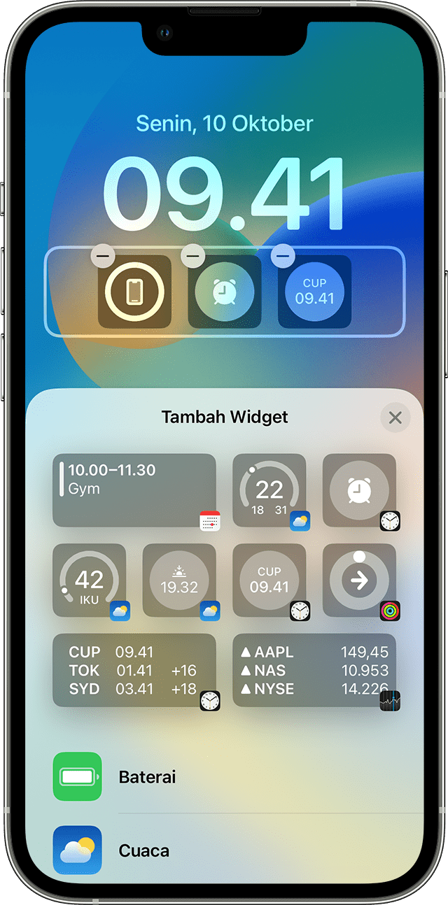 Layar iPhone menampilkan cara menambahkan widget ke Layar Terkunci