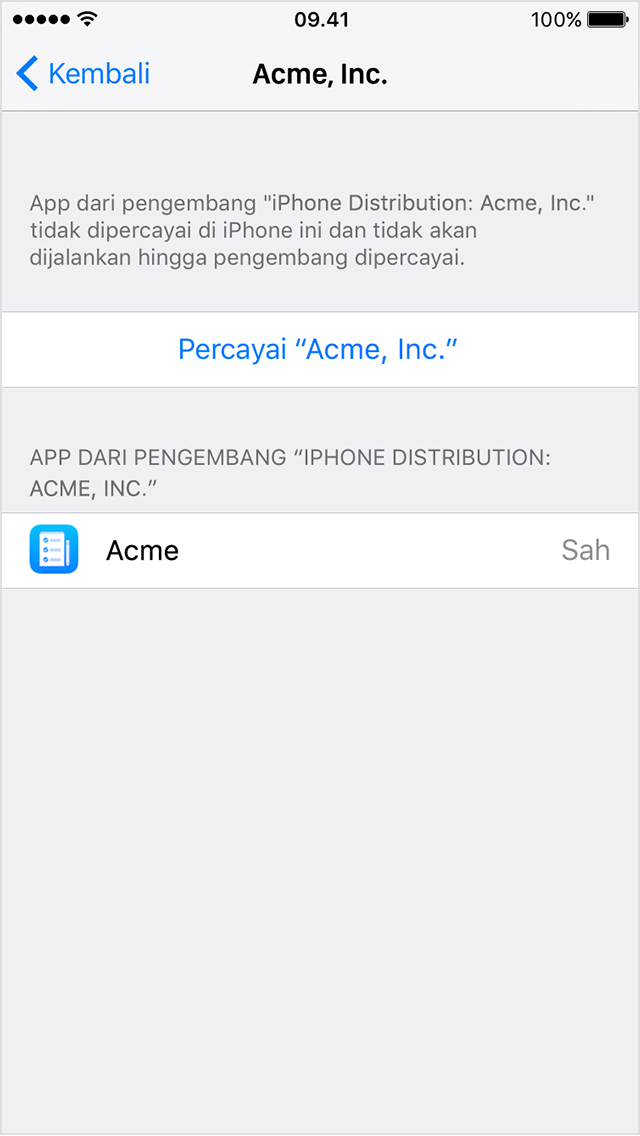  Layar iPhone menampilkan permintaan untuk memercayai app Perusahaan