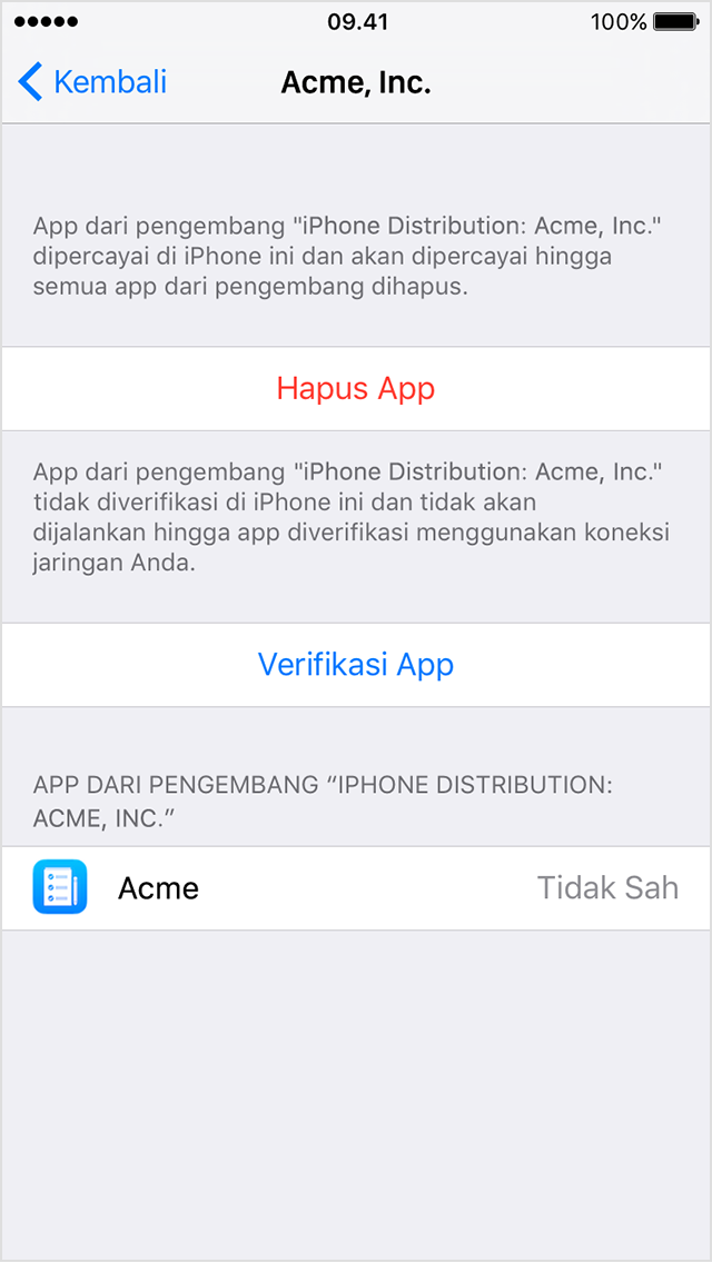  Layar iPhone menampilkan permintaan untuk memverifikasi bahwa app Perusahaan harus dipercaya